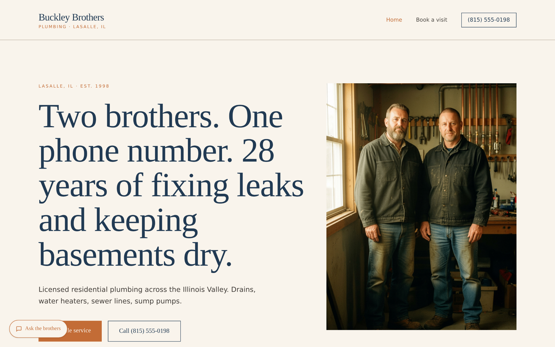 Buckley Brothers Plumbing sample site hero, desktop