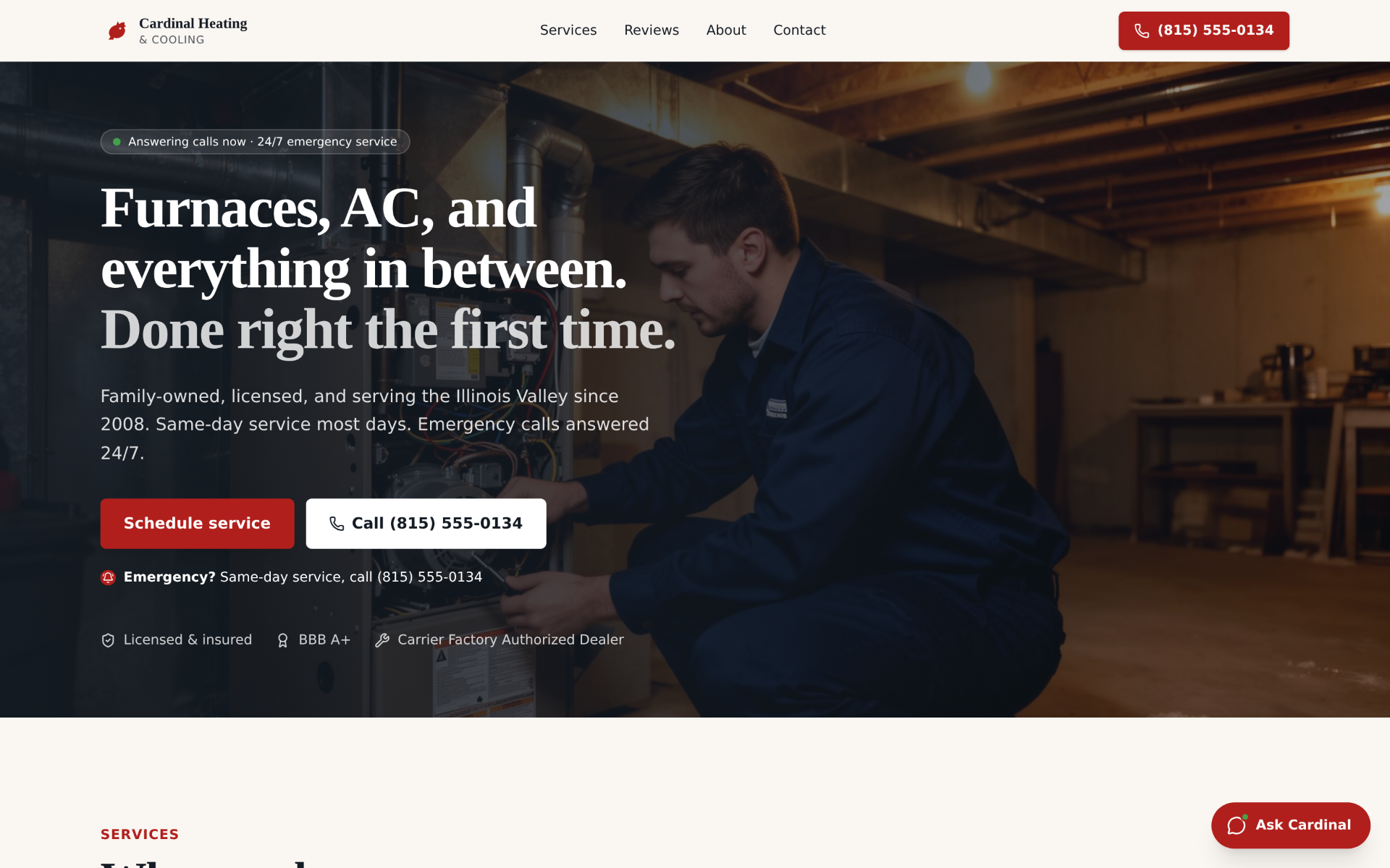 Cardinal Heating HVAC sample site hero, desktop