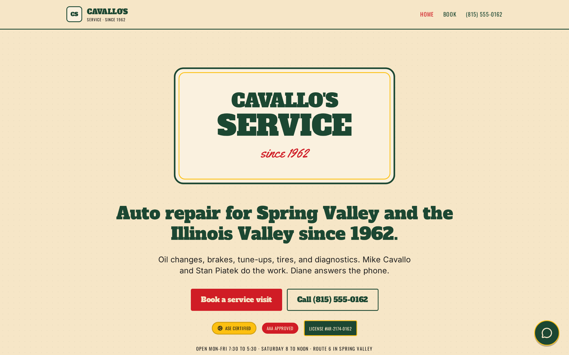 Cavallo's Service sample site hero, desktop