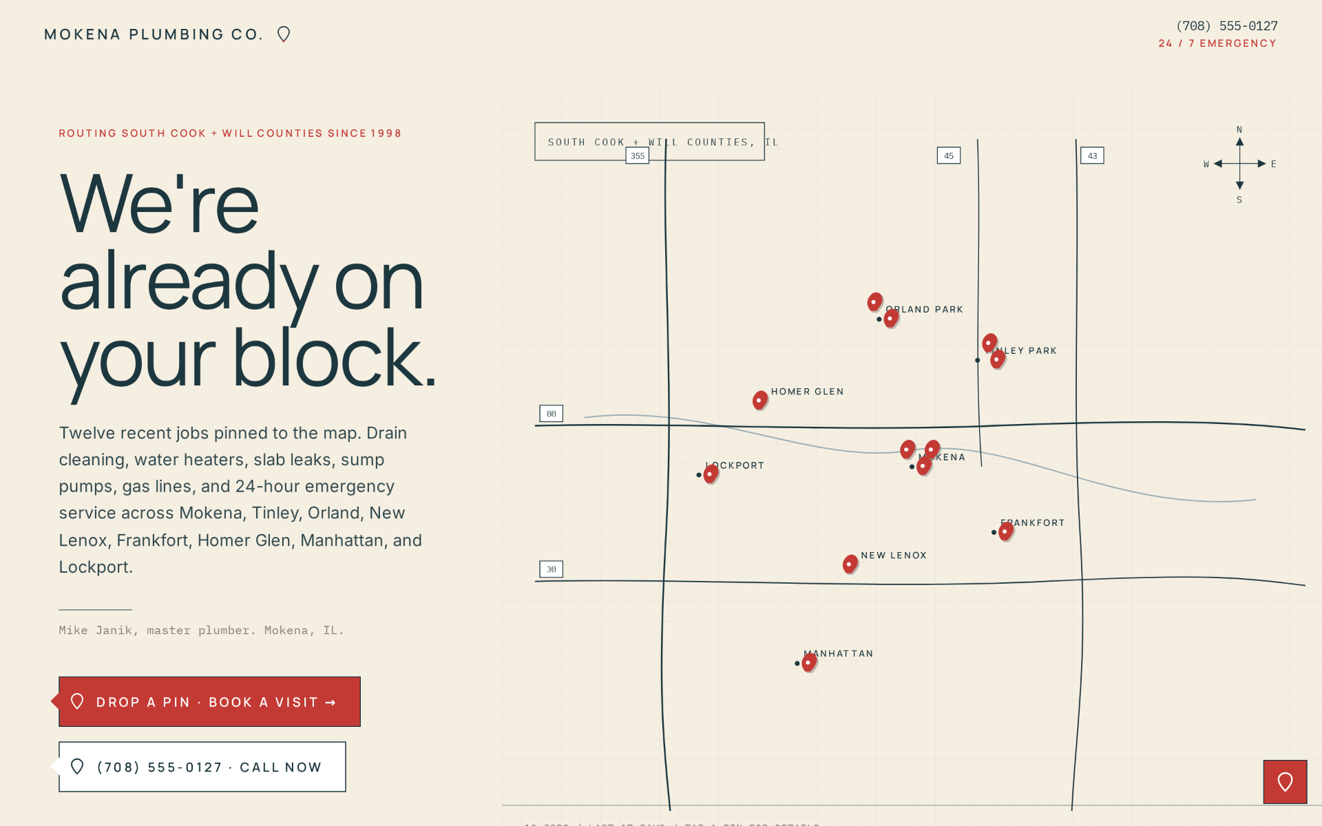 Mokena Plumbing Co. sample site hero, desktop