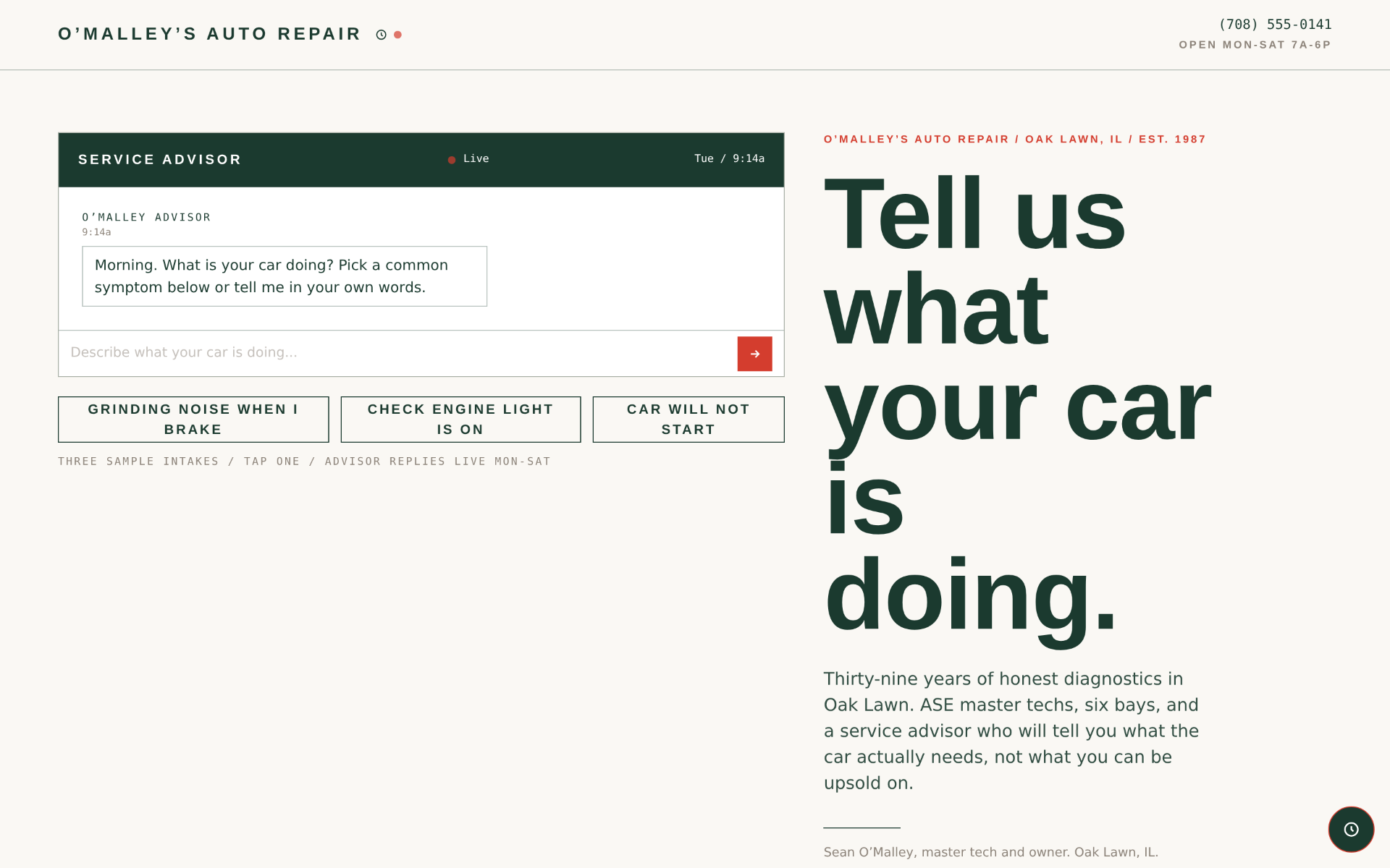 O'Malley's Auto Repair sample site hero, desktop